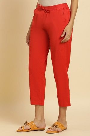 W for Woman Orange Cotton Flax Solid Slim Pants