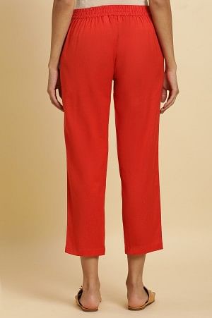 W for Woman Orange Cotton Flax Solid Slim Pants
