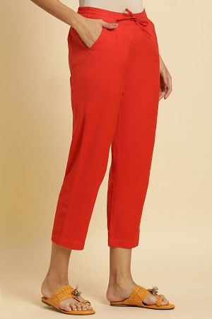 W for Woman Orange Cotton Flax Solid Slim Pants