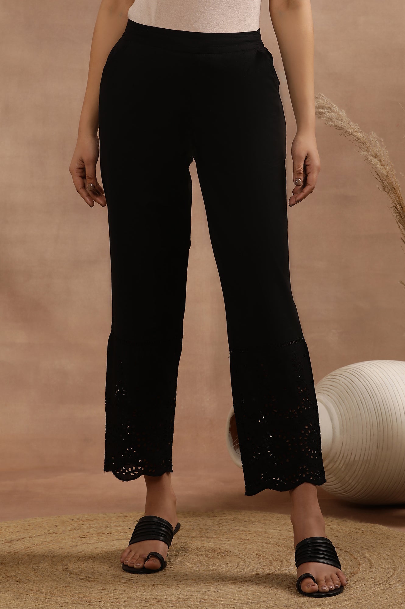 W for Woman Black Schiffli Straight Pants