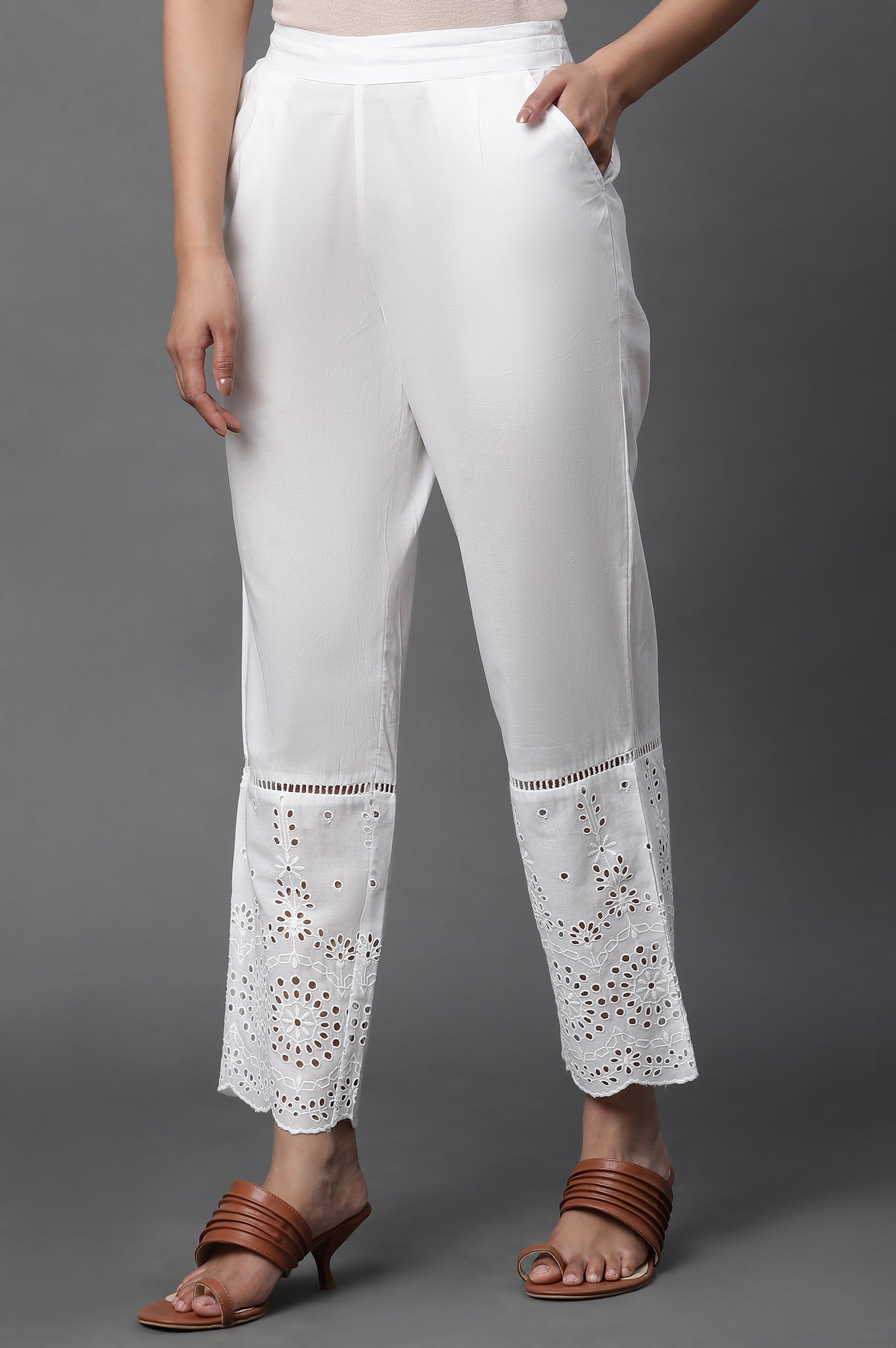 W for Woman White Schiffli Straight Pants