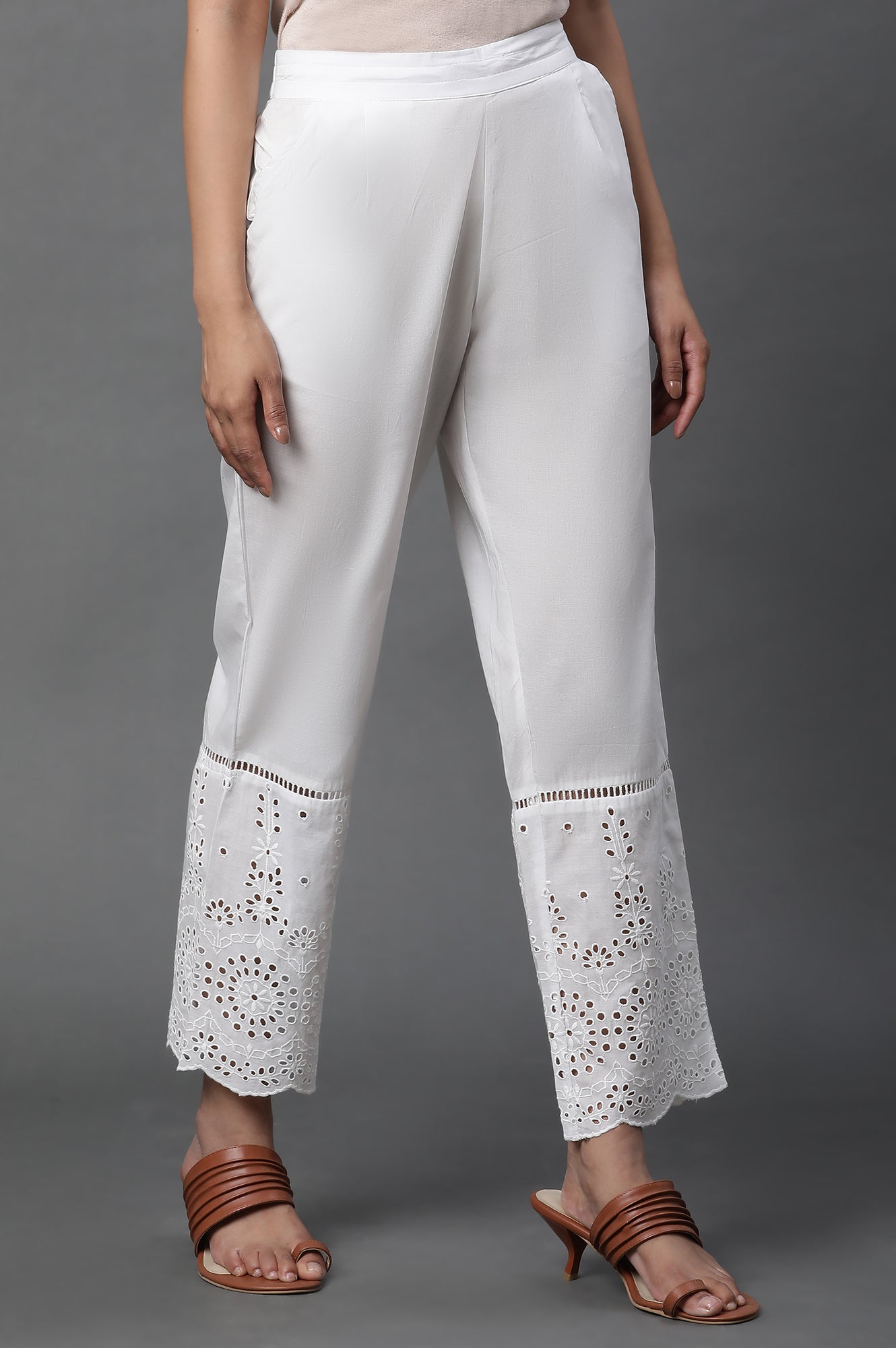 W for Woman White Schiffli Straight Pants
