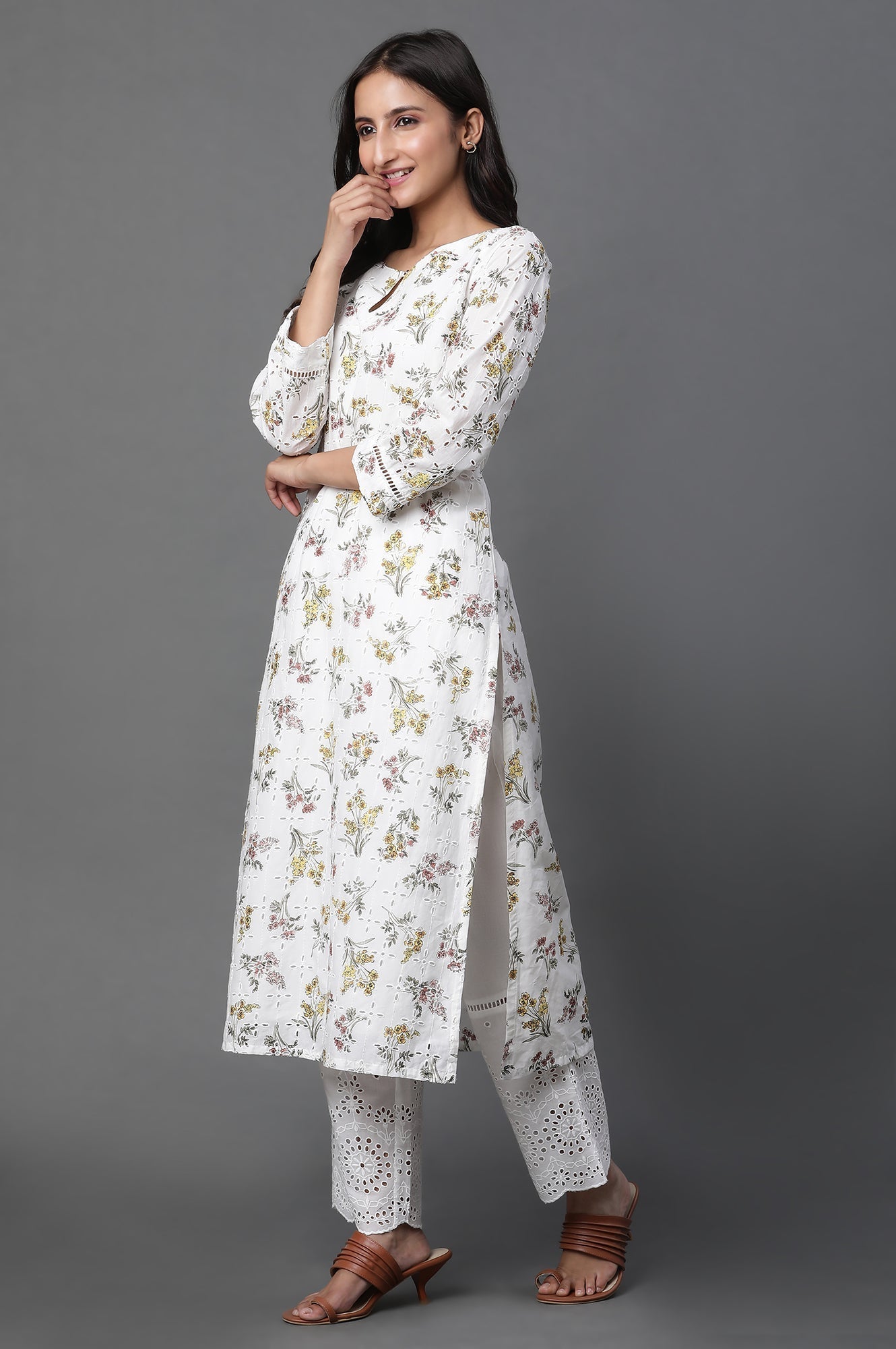 W for Woman White Schiffli Straight Pants