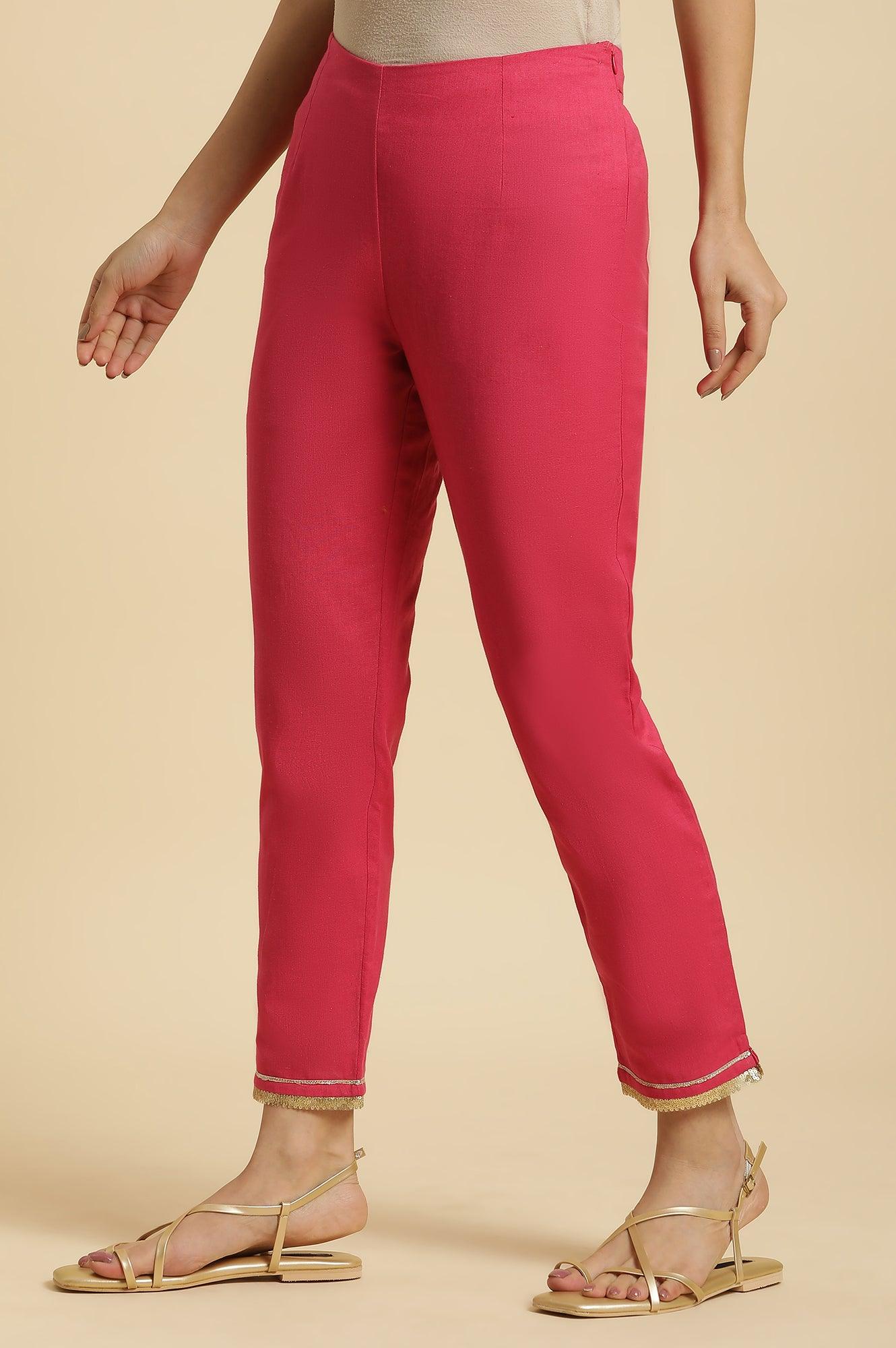 W for Woman Pink Solid Pants with Gota Trim at Hem