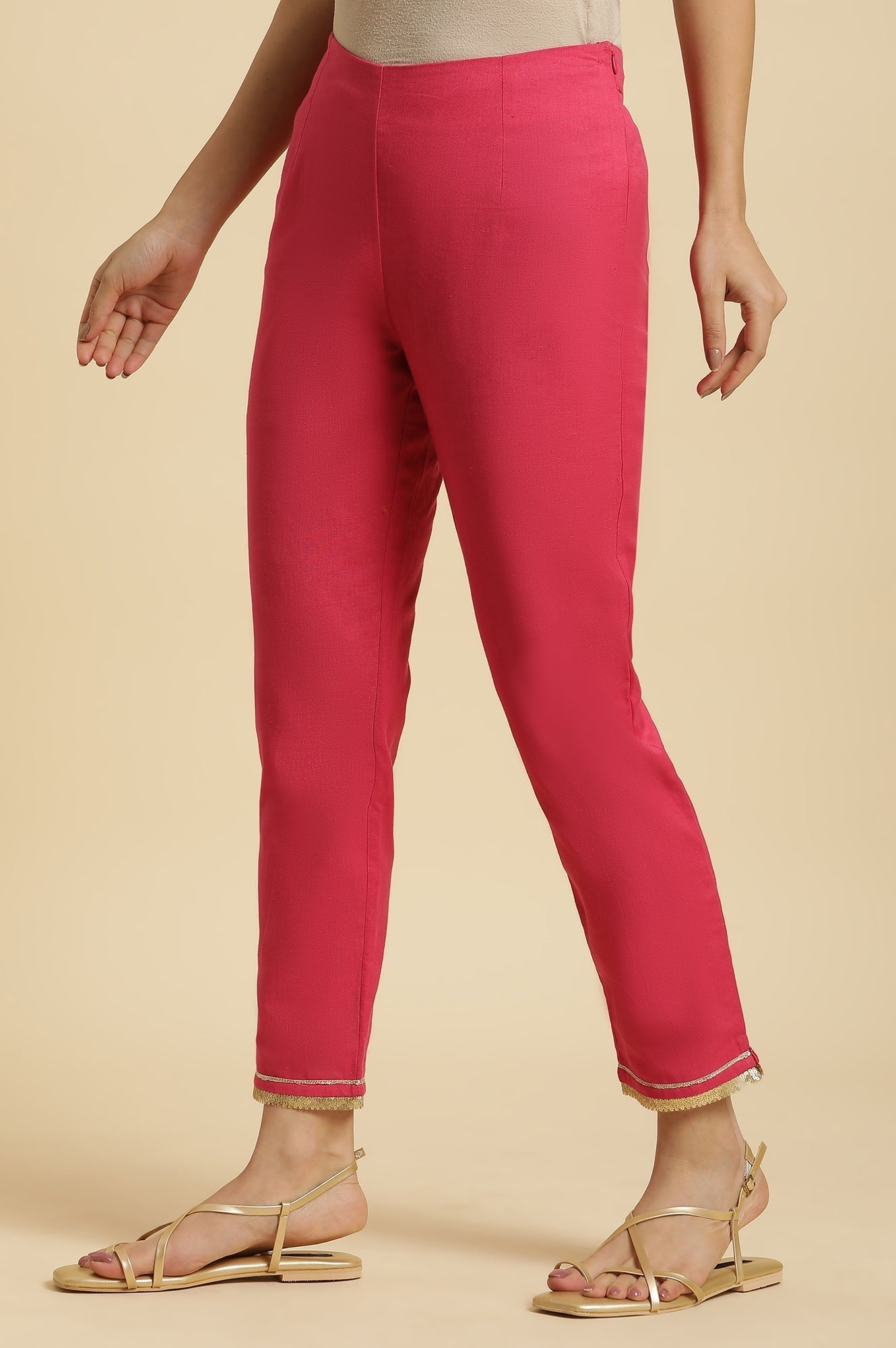 W for Woman Pink Solid Printed Shantung Straight Kurta with Slim Pant Set