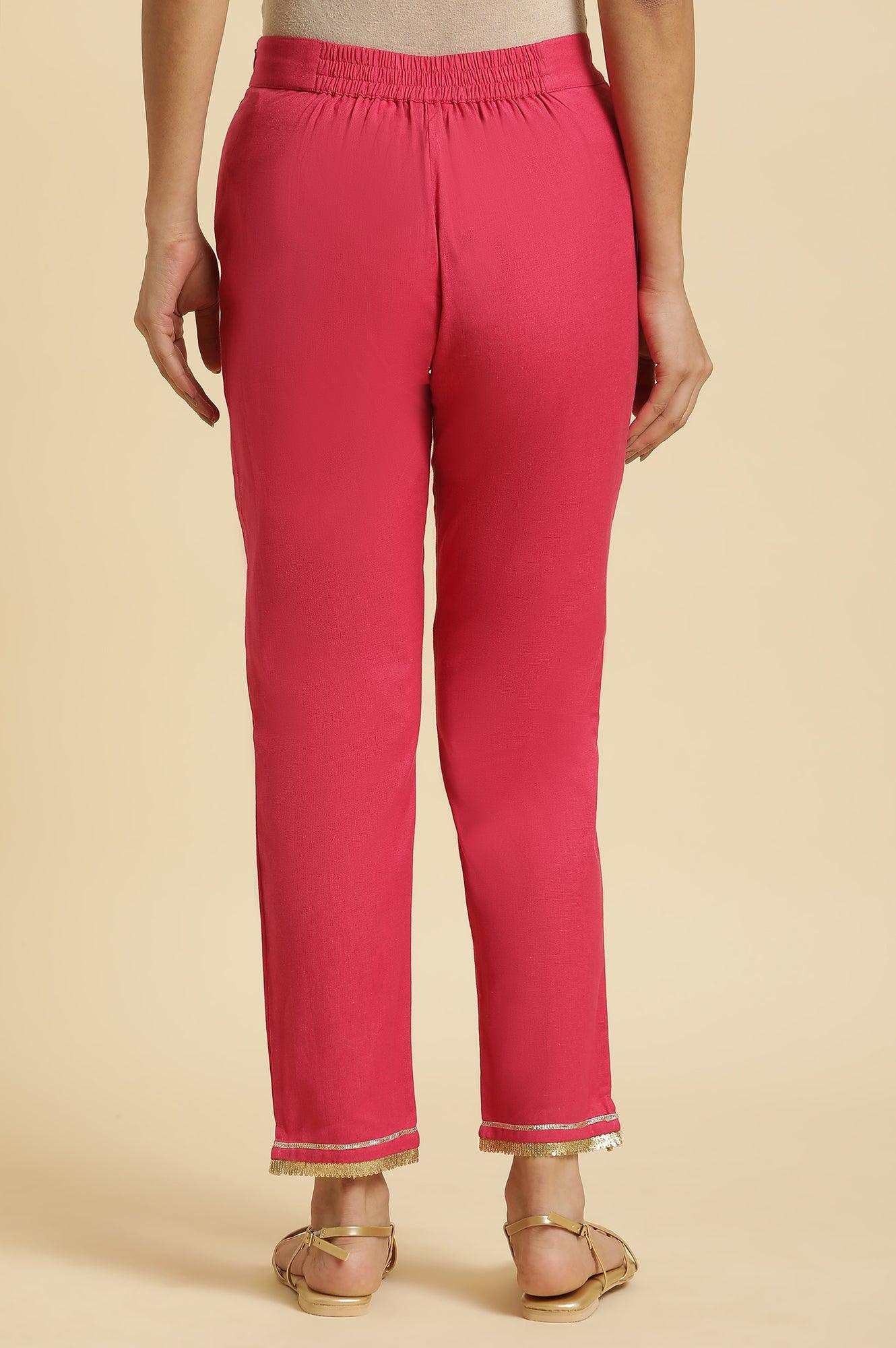W for Woman Pink Solid Pants with Gota Trim at Hem