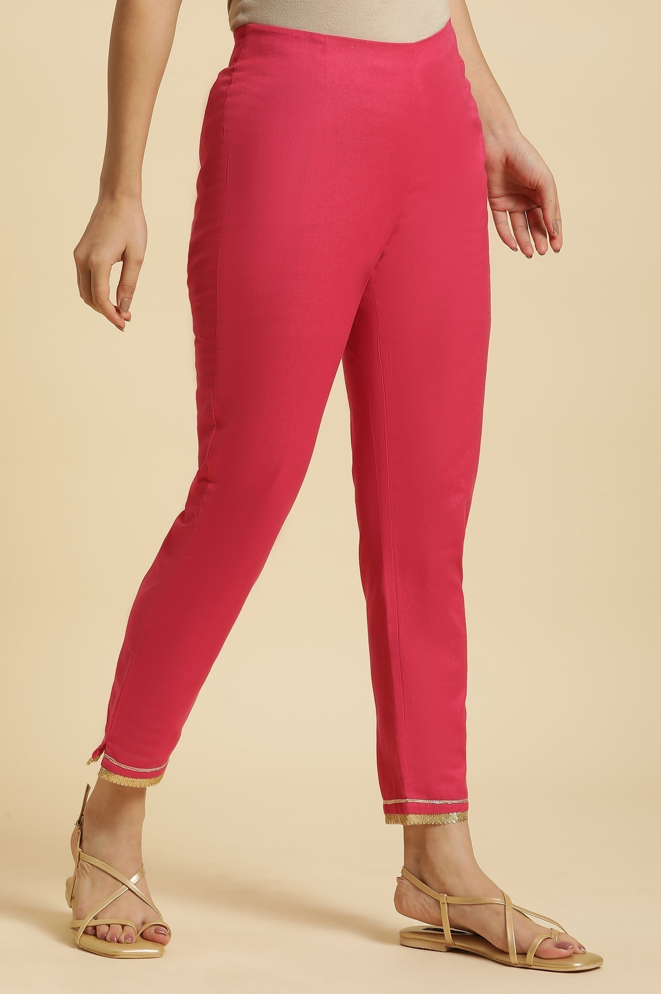 W for Woman Pink Solid Printed Shantung Straight Kurta with Slim Pant Set