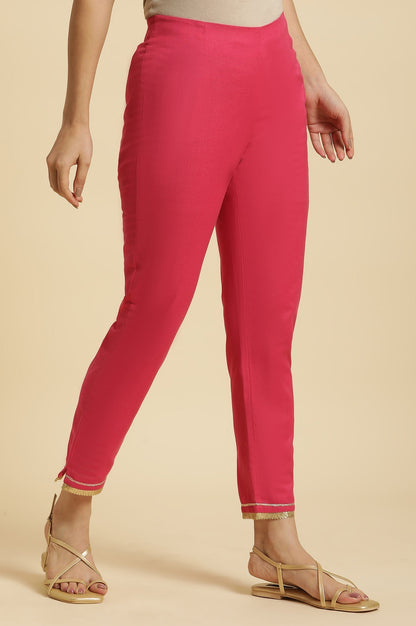 W for Woman Pink Solid Printed Shantung Straight Kurta with Slim Pant Set