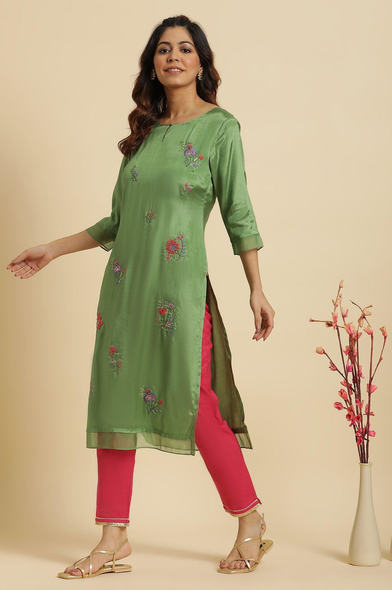 W for Woman Pink Solid Pants with Gota Trim at Hem