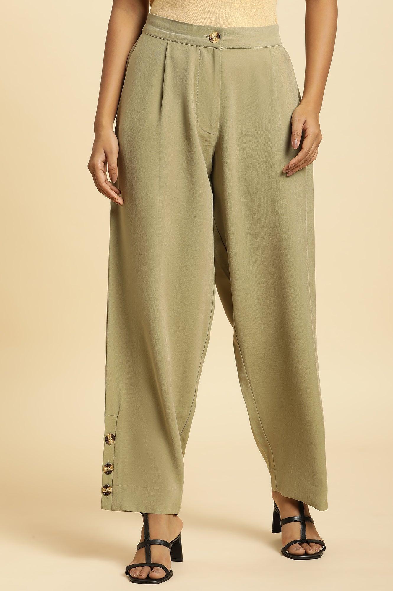 W for Woman Green Taper Pleated Trouser With Buttom On Hemline