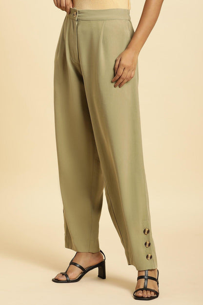 W for Woman Green Taper Pleated Trouser With Buttom On Hemline