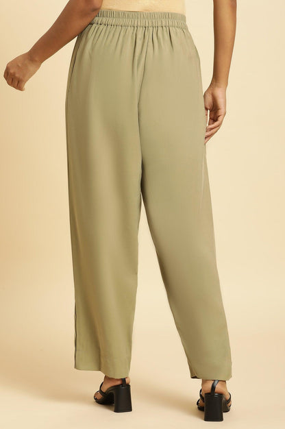W for Woman Green Taper Pleated Trouser With Buttom On Hemline