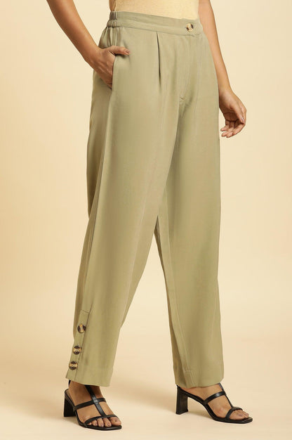 W for Woman Green Taper Pleated Trouser With Buttom On Hemline