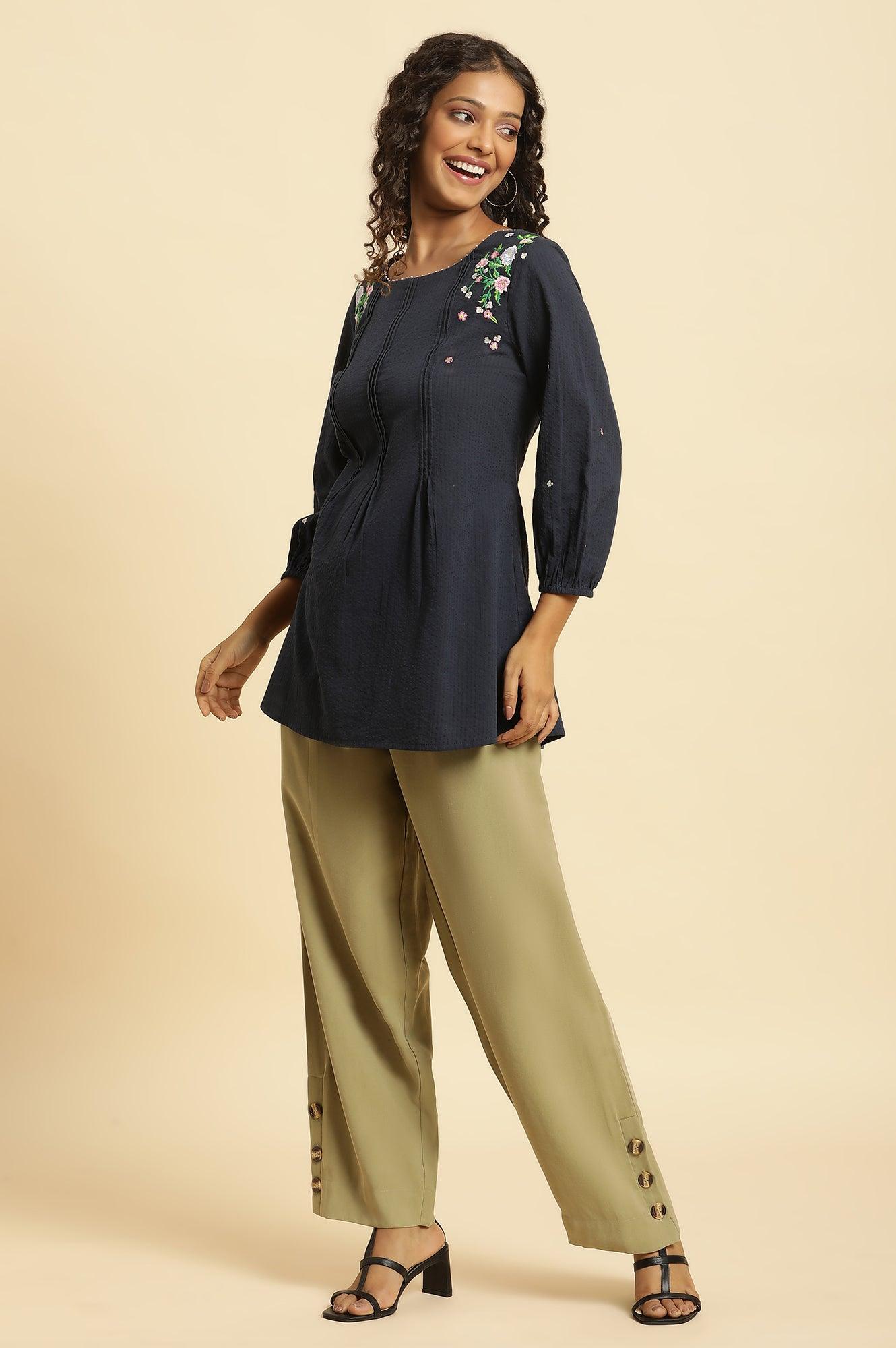 W for Woman Green Taper Pleated Trouser With Buttom On Hemline