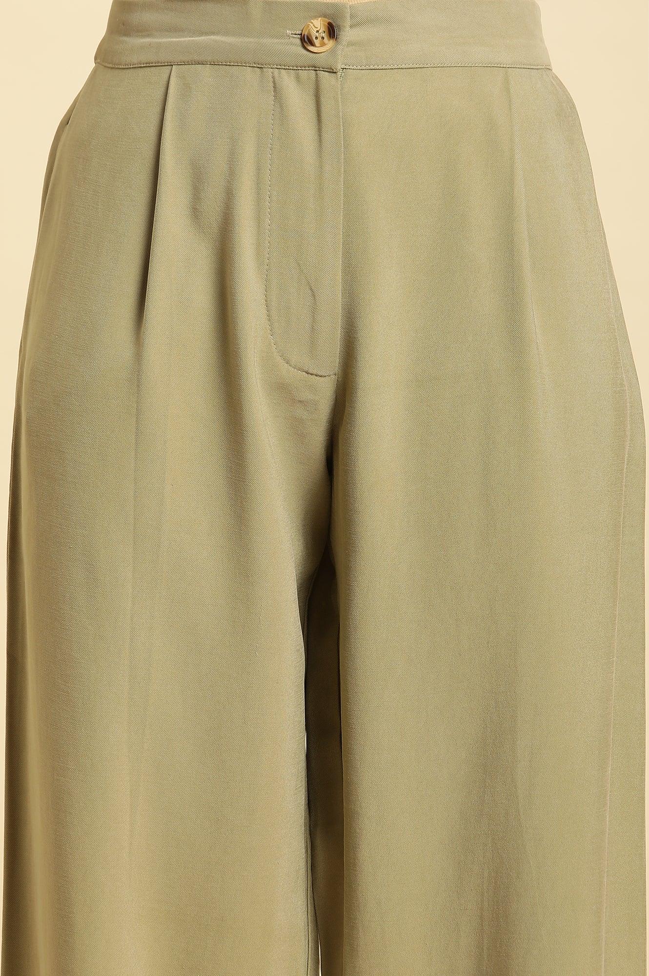 W for Woman Green Taper Pleated Trouser With Buttom On Hemline