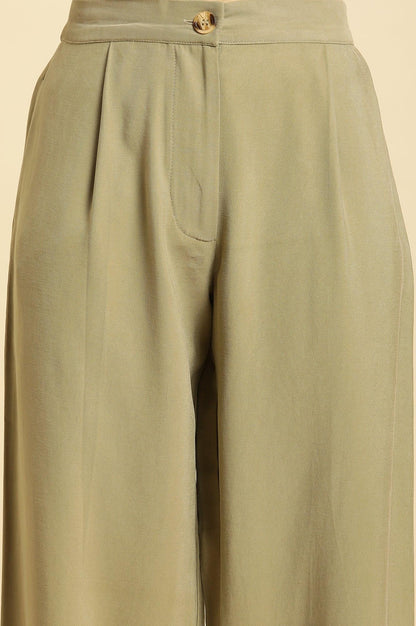 W for Woman Green Taper Pleated Trouser With Buttom On Hemline
