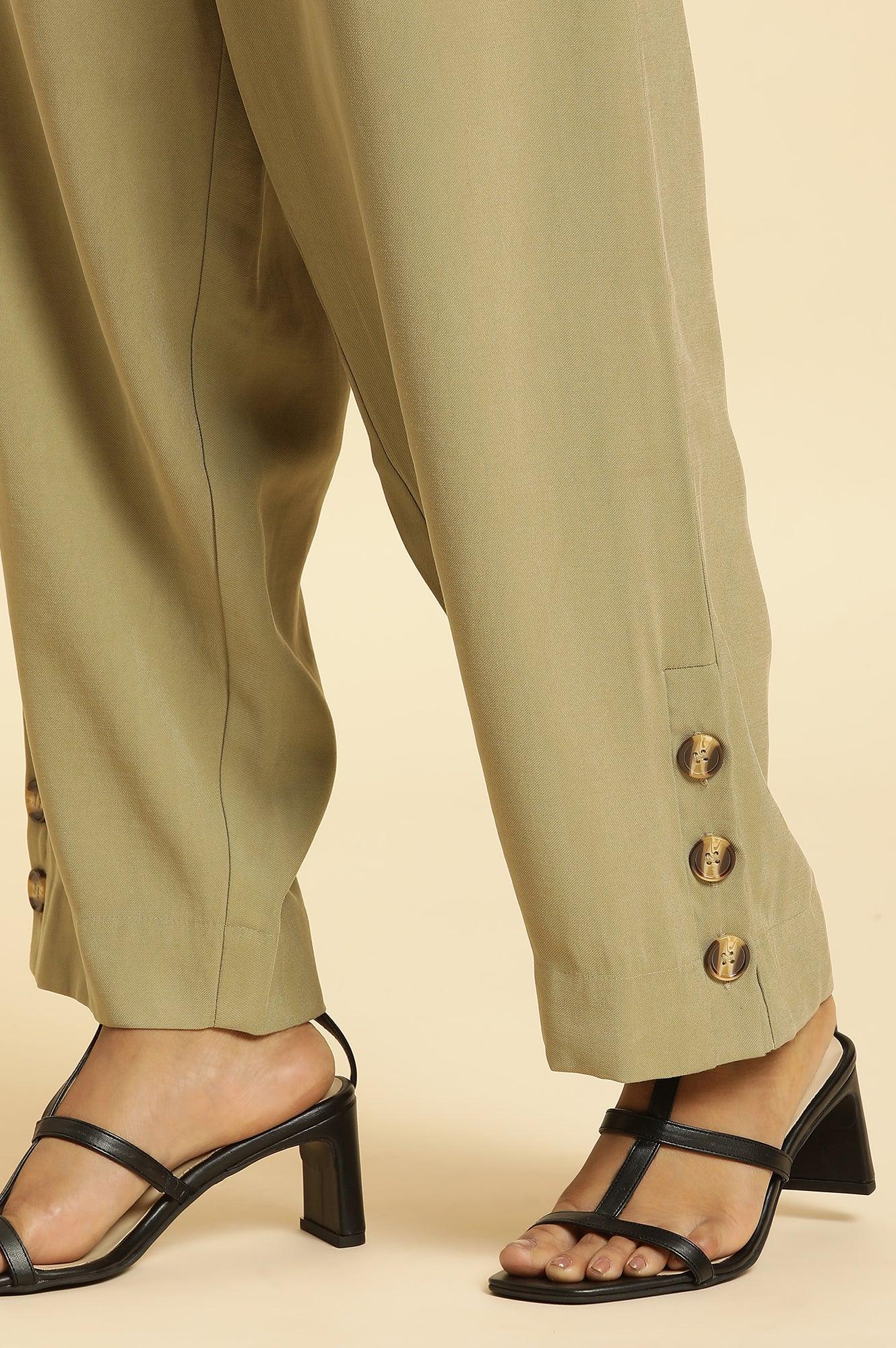W for Woman Green Taper Pleated Trouser With Buttom On Hemline