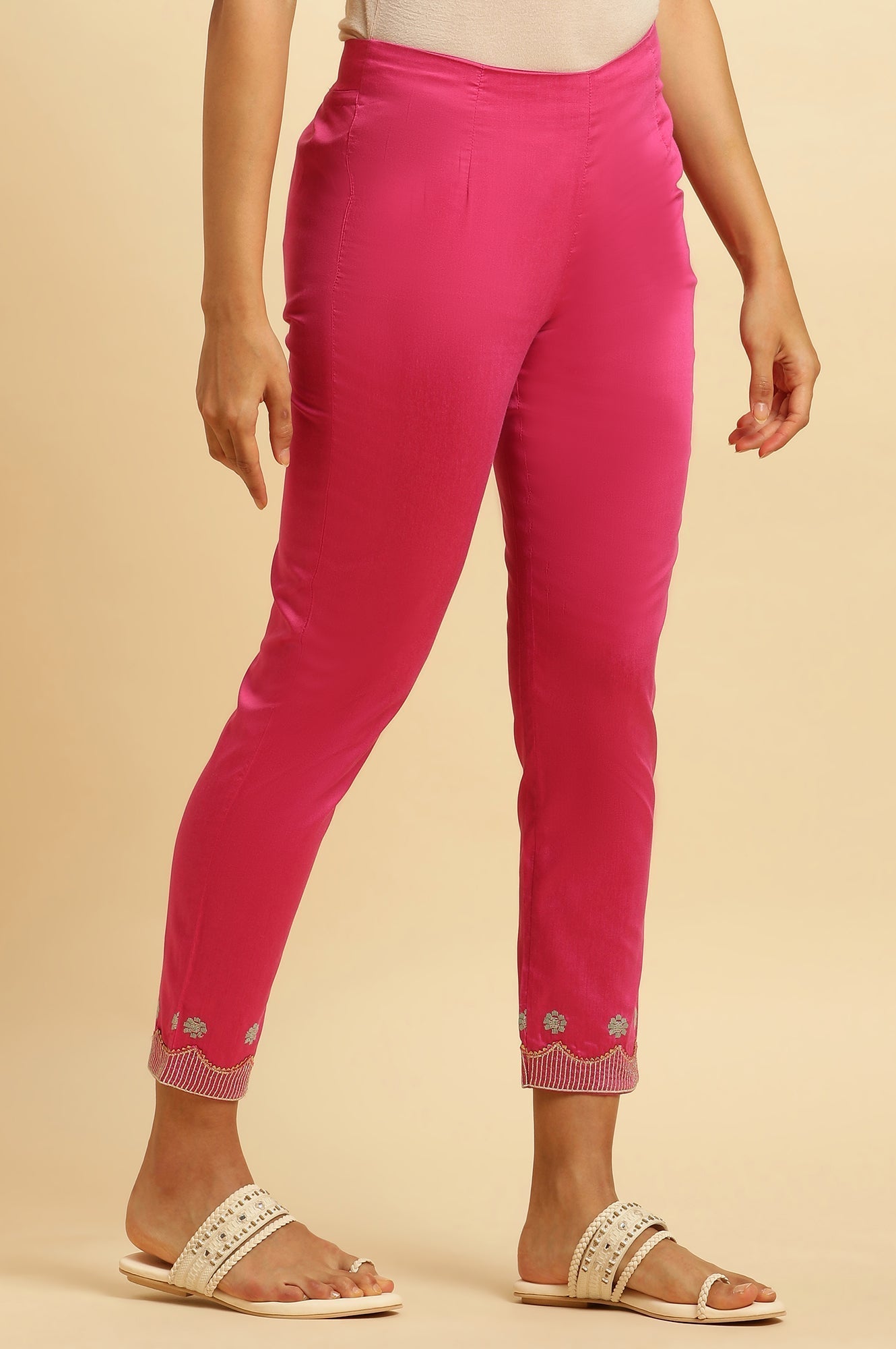 W for Woman Pink Slim Pants With Embroidered Hemline