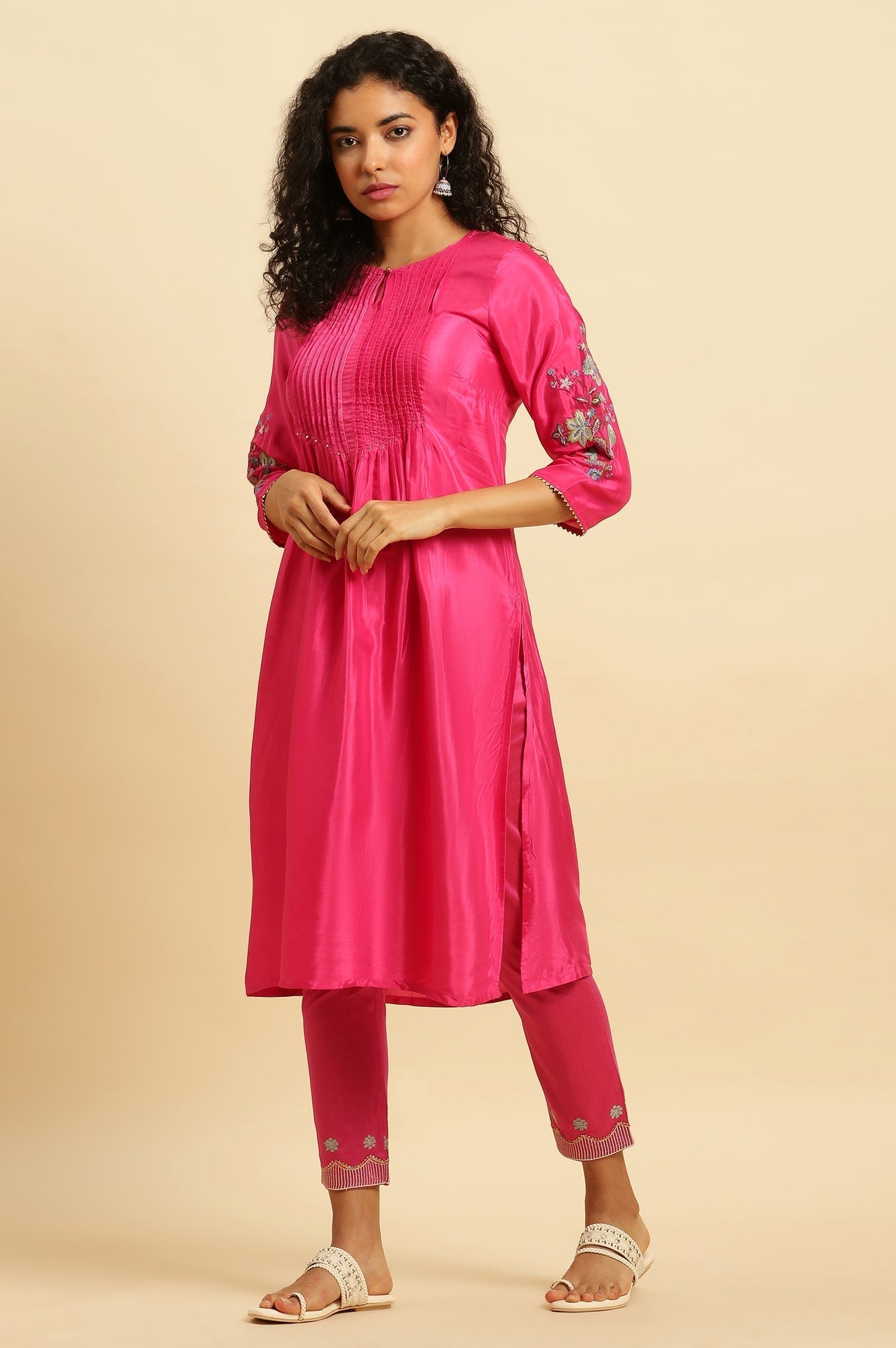 W for Woman Pink Slim Pants With Embroidered Hemline