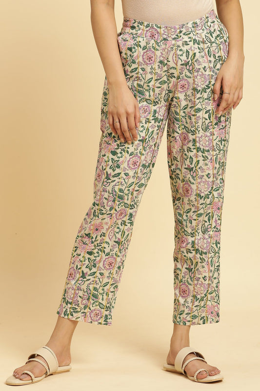 W for Woman Ecru Straight Pants With Multi-Coloured Floral Print