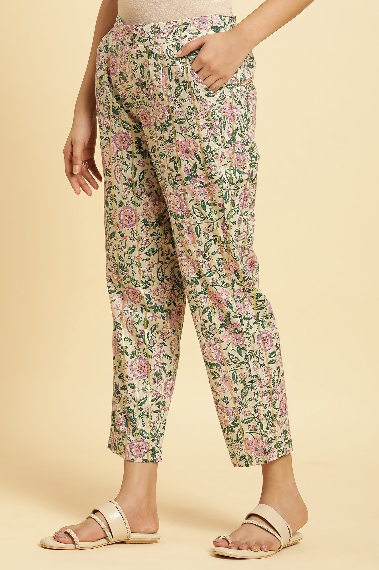 W for Woman Ecru Straight Pants With Multi-Coloured Floral Print