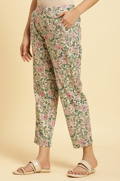 W for Woman Ecru Straight Pants With Multi-Coloured Floral Print