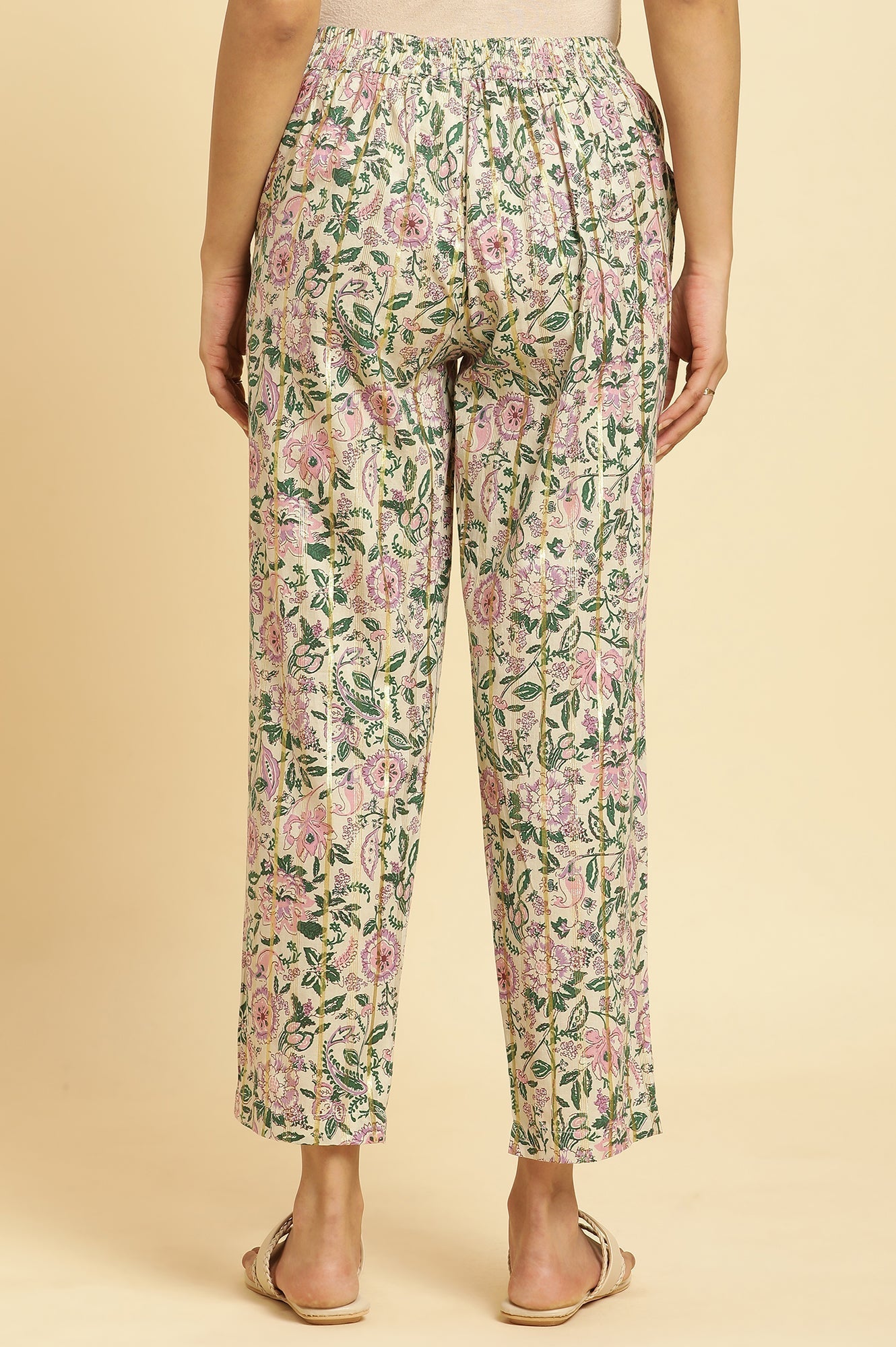 W for Woman Ecru Straight Pants With Multi-Coloured Floral Print