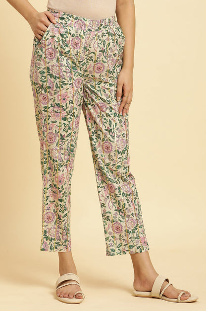 W for Woman Ecru Straight Pants With Multi-Coloured Floral Print