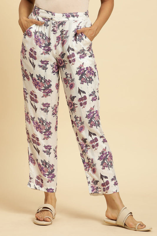 W for Woman Ecru Straight Pant With Purple Floral Print