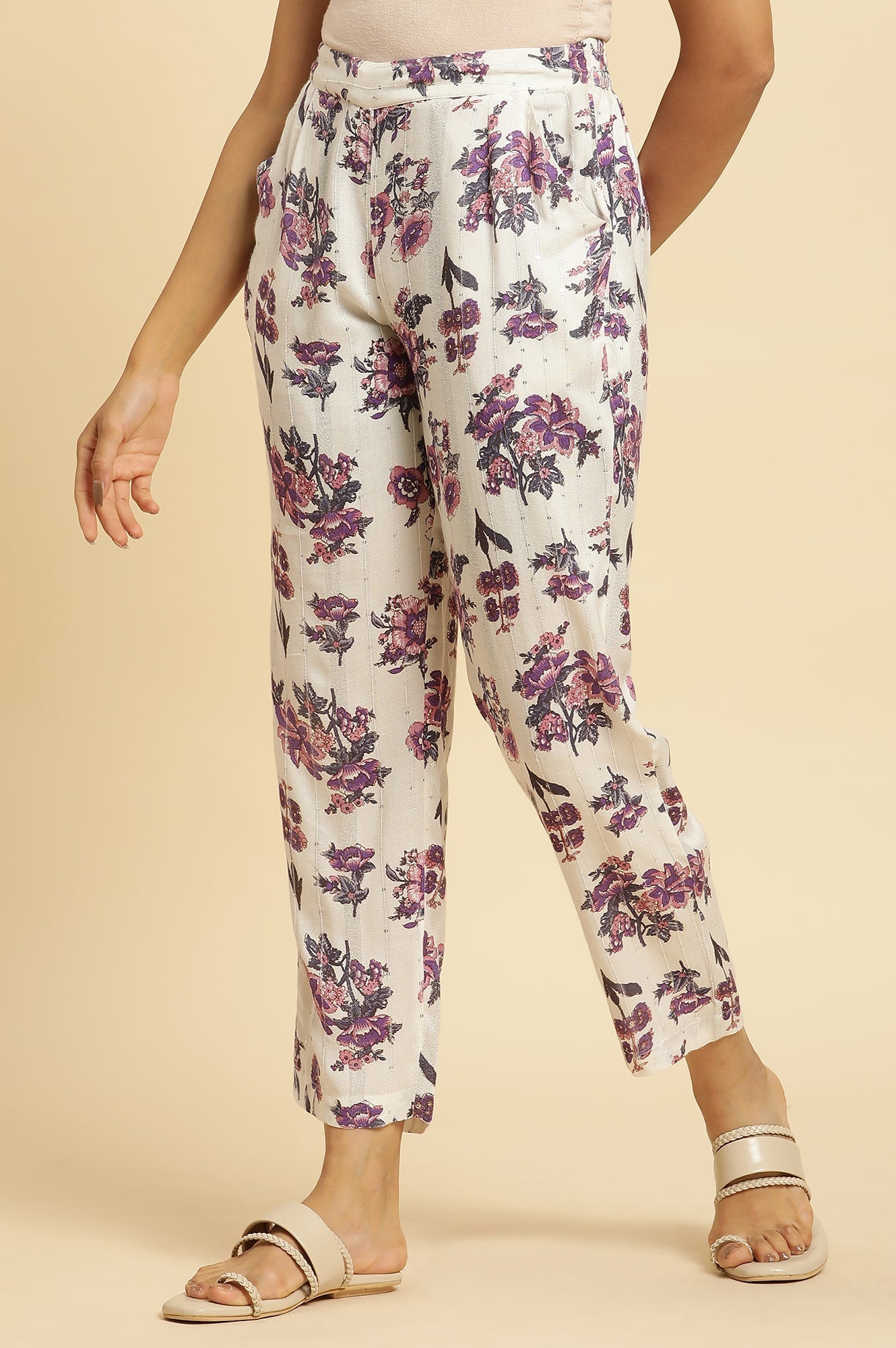 W for Woman Ecru Straight Pant With Purple Floral Print