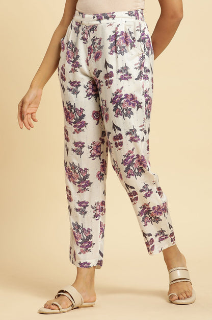 W for Woman Ecru Straight Pant With Purple Floral Print