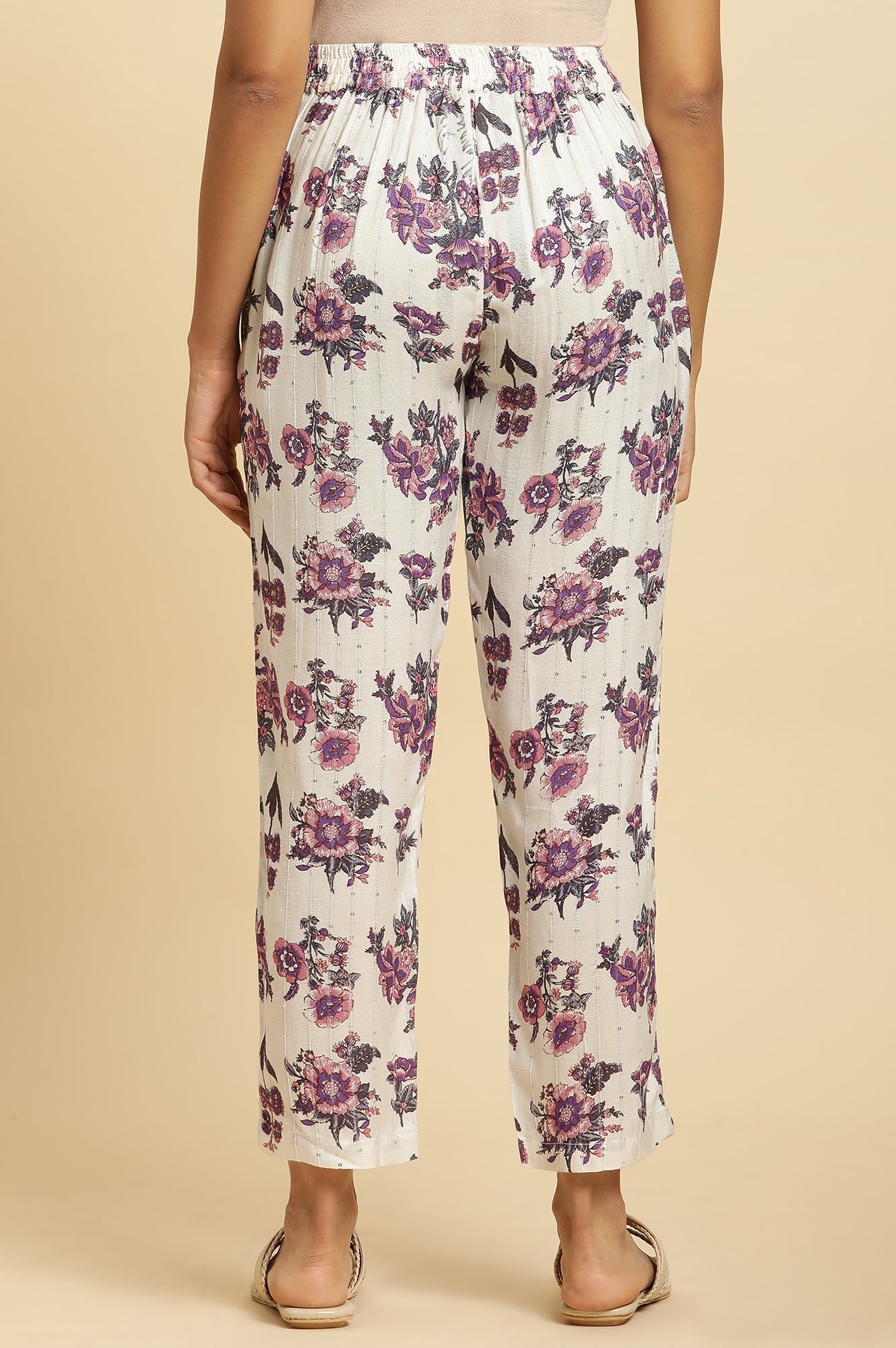 W for Woman Ecru Straight Pant With Purple Floral Print
