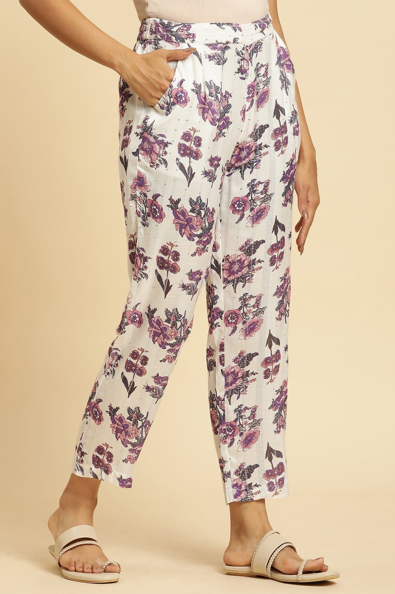 W for Woman Ecru Straight Pant With Purple Floral Print