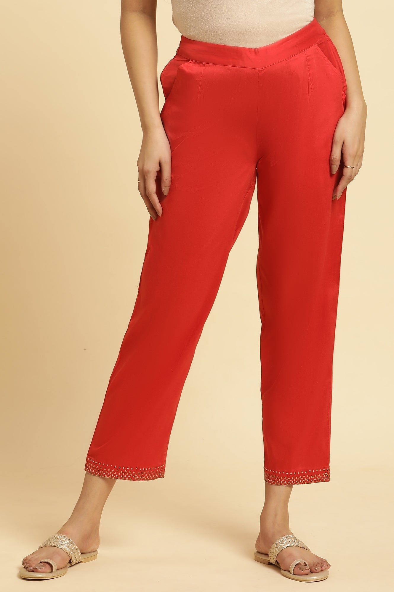W for Woman Red Straight Pants With Embellished Hemline
