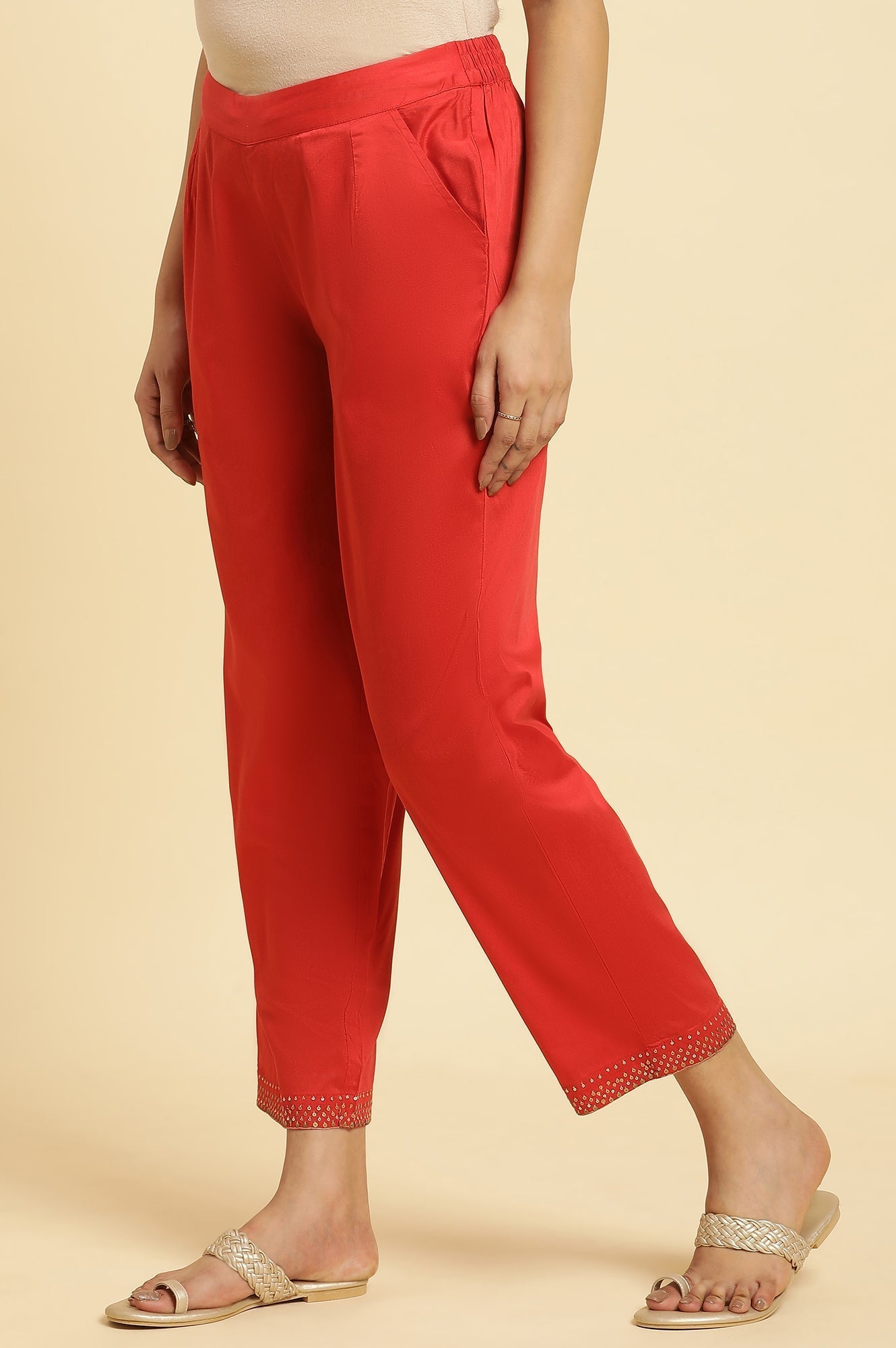 W for Woman Red Straight Pants With Embellished Hemline