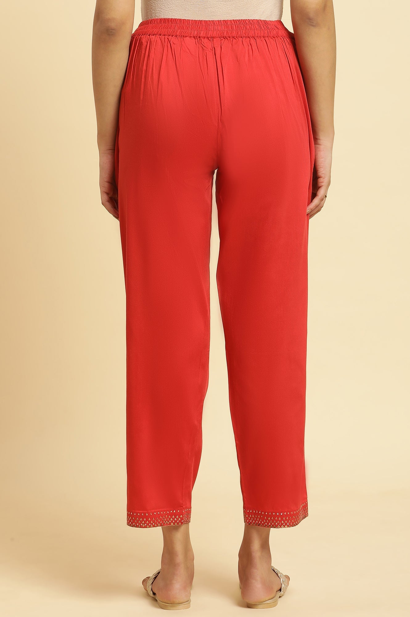 W for Woman Red Straight Pants With Embellished Hemline