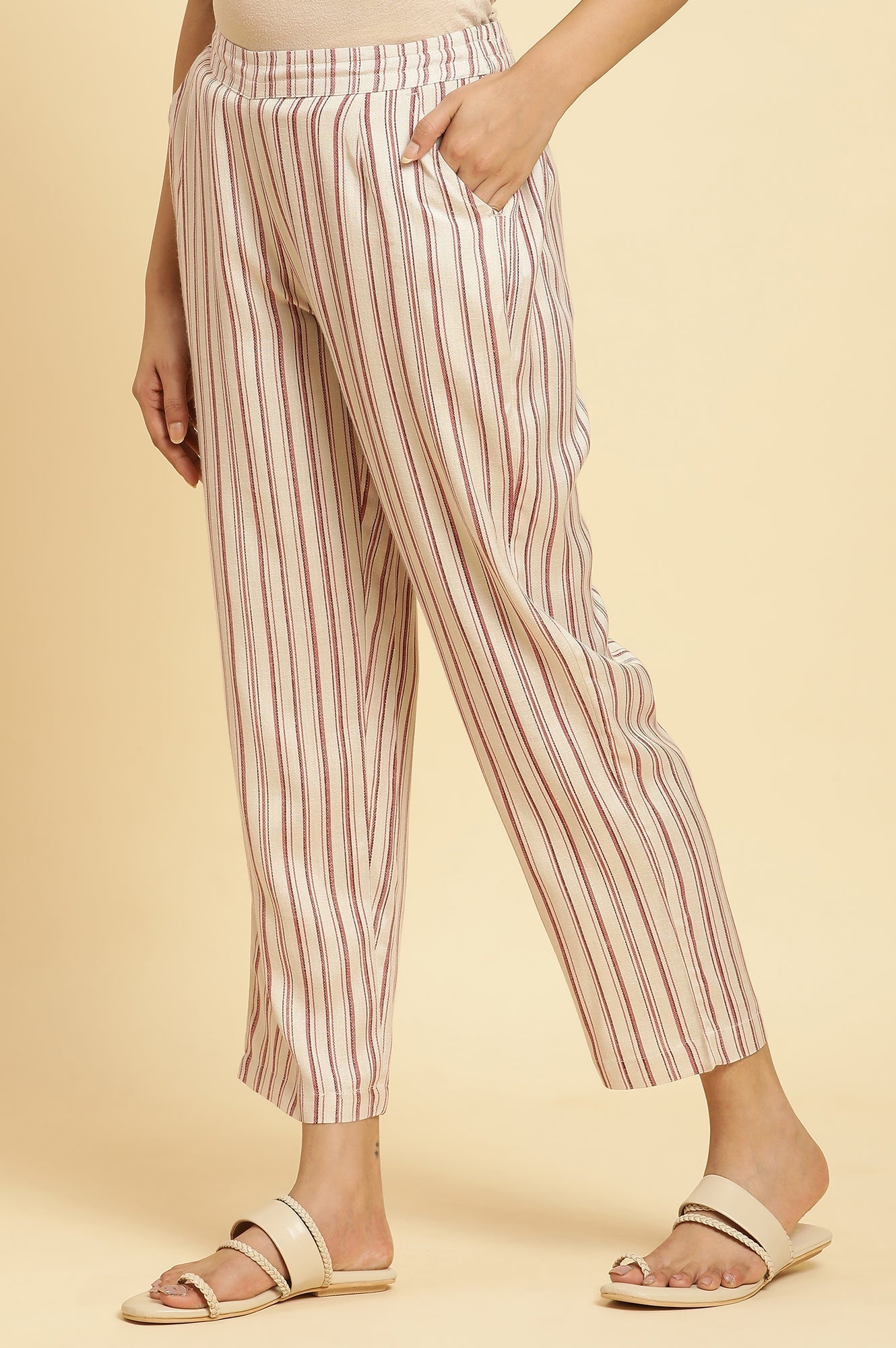 W for Woman Beige Straight Pants With Red Stripes
