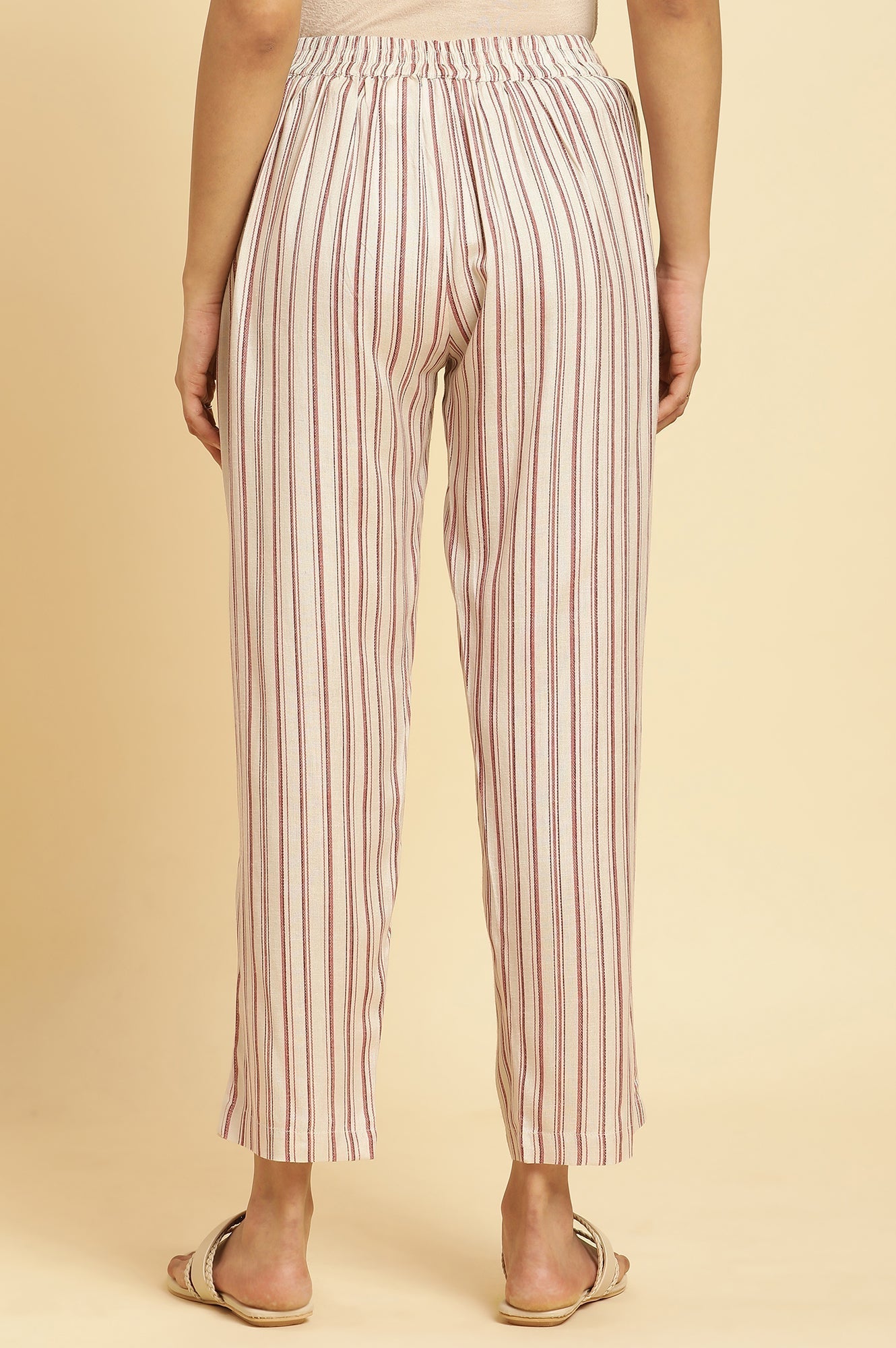 W for Woman Beige Straight Pants With Red Stripes