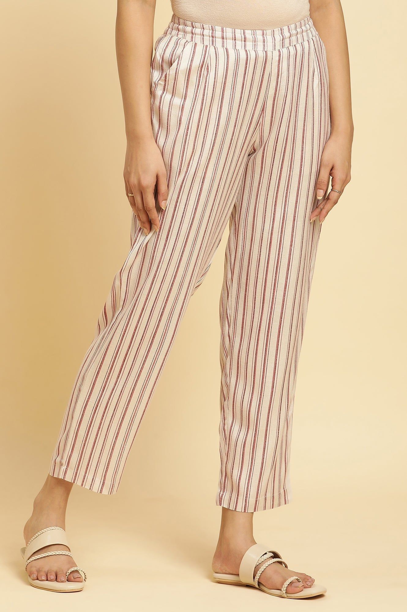 W for Woman Beige Straight Pants With Red Stripes