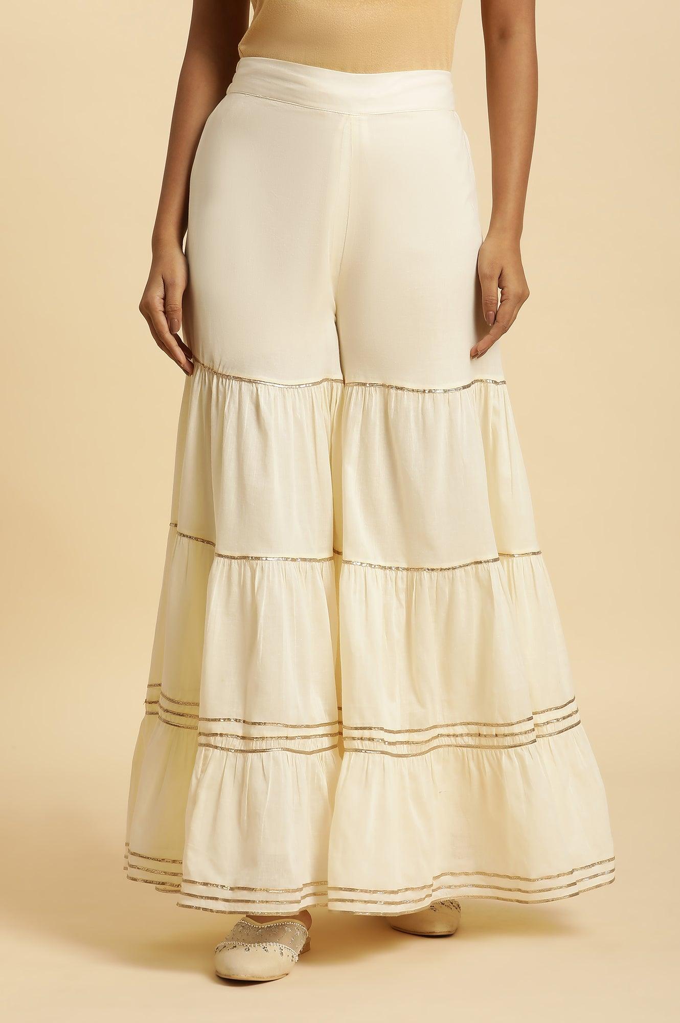 W for Woman Ecru Tiered Cotton Sharara With Gota
