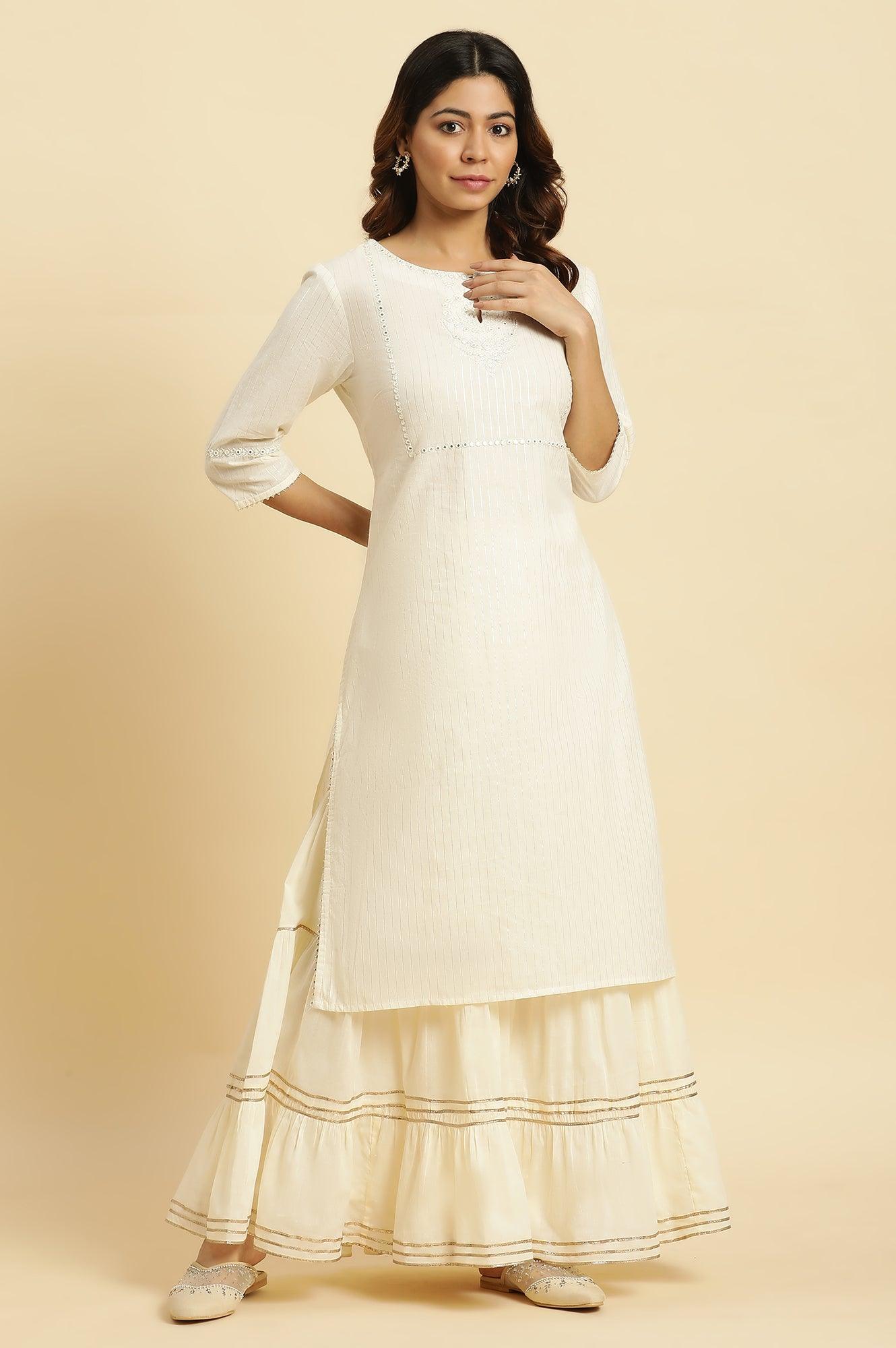 W for Woman Ecru Tiered Cotton Sharara With Gota