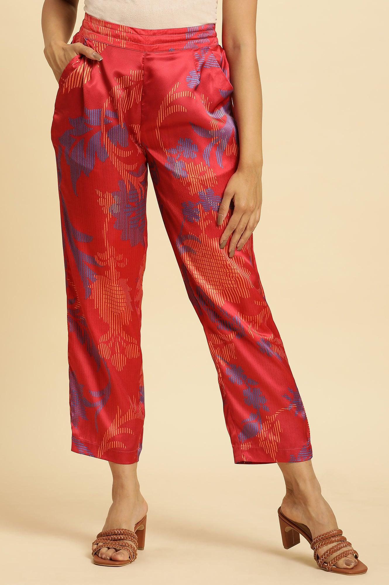 W for Woman Bright Red Floral Printed Satin Pants