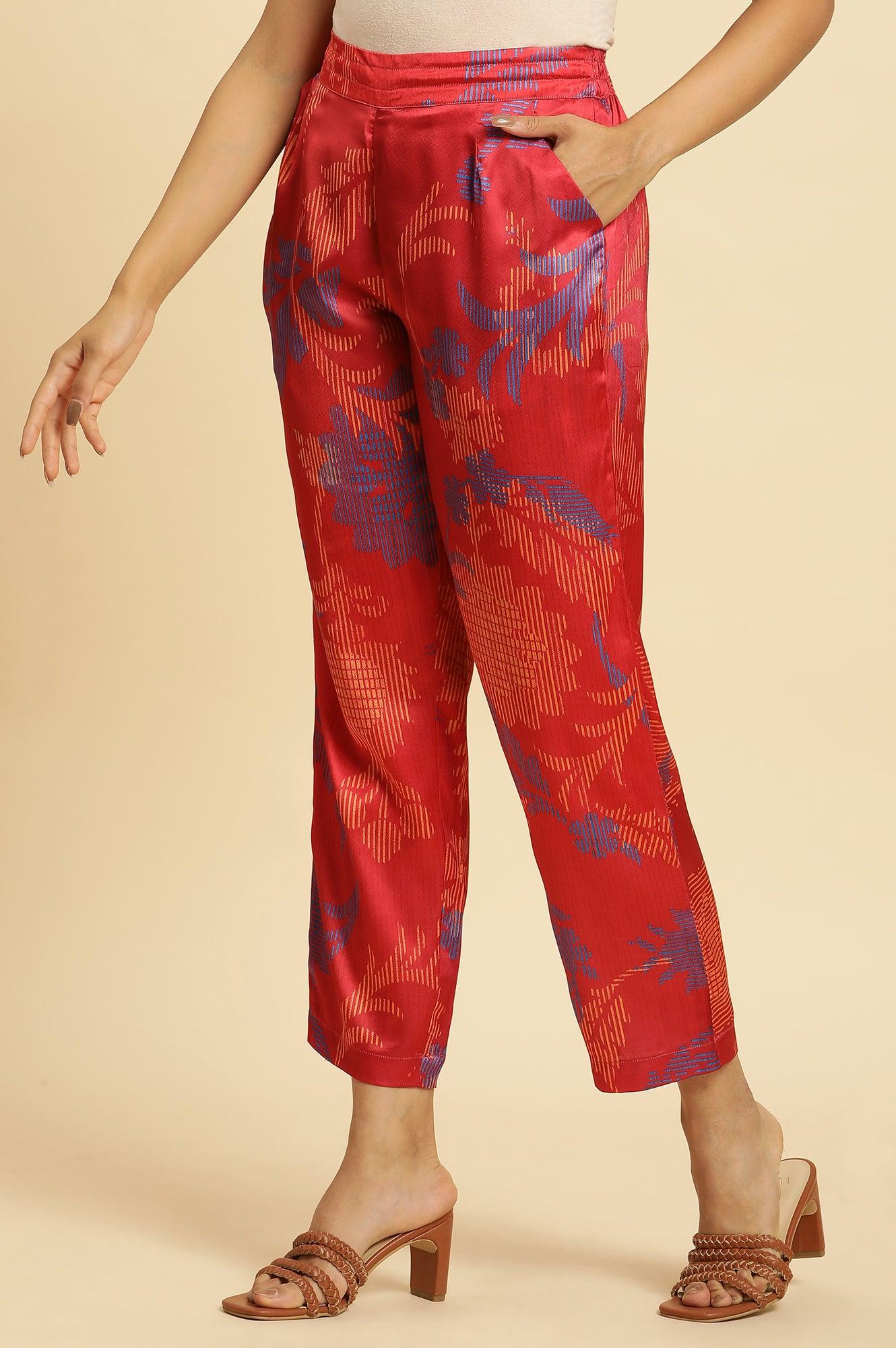 W for Woman Bright Red Floral Printed Satin Pants