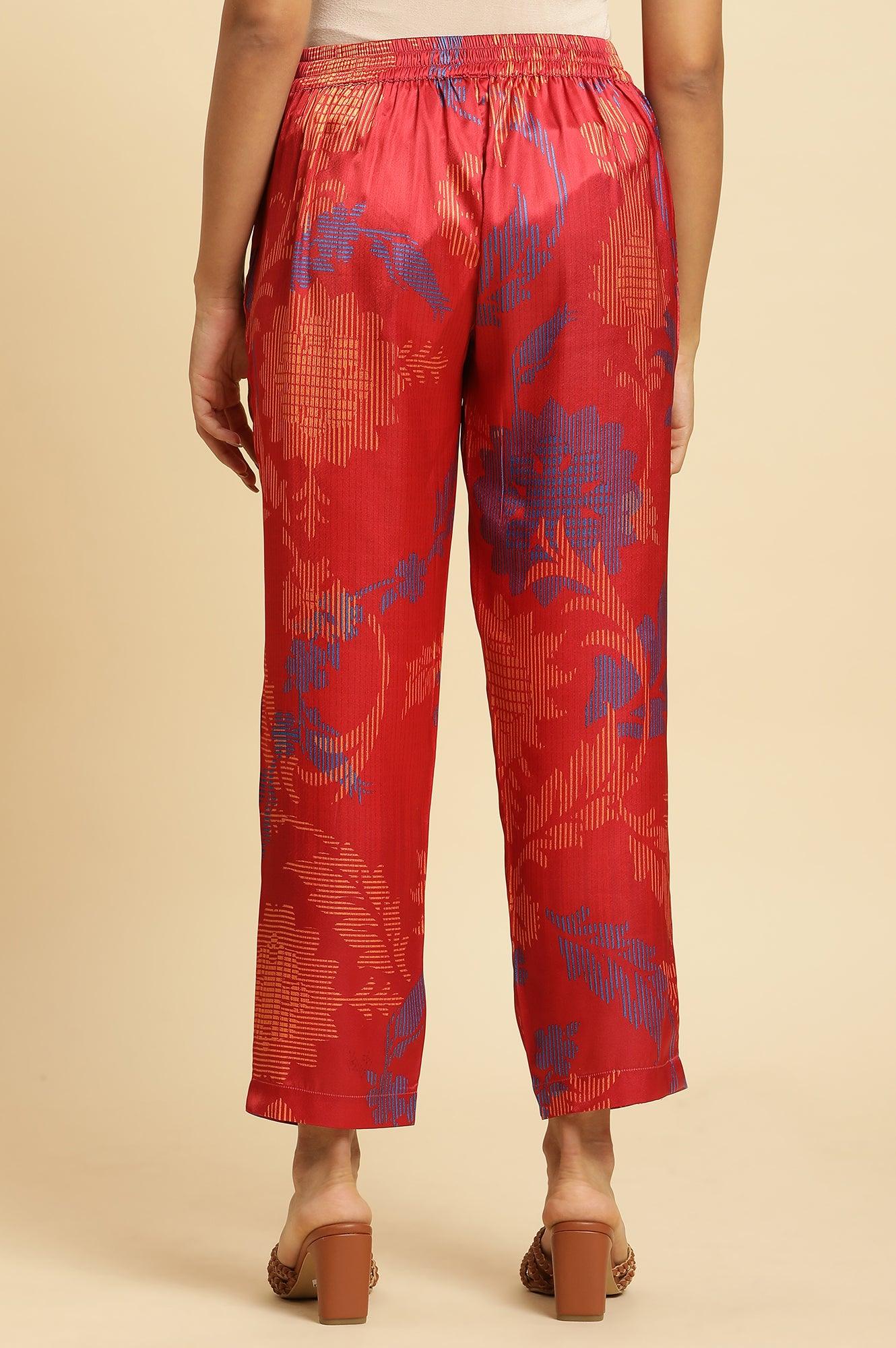 W for Woman Bright Red Floral Printed Satin Pants