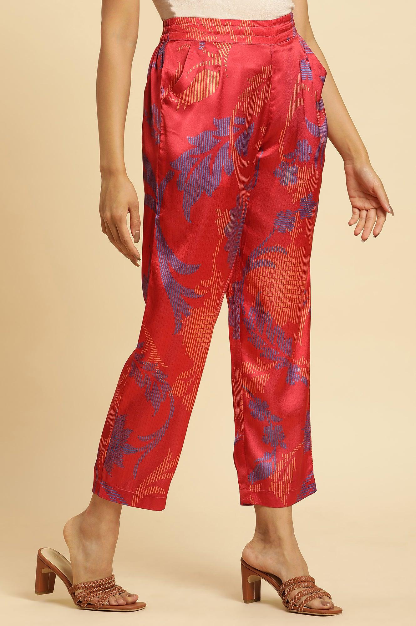 W for Woman Bright Red Floral Printed Satin Pants