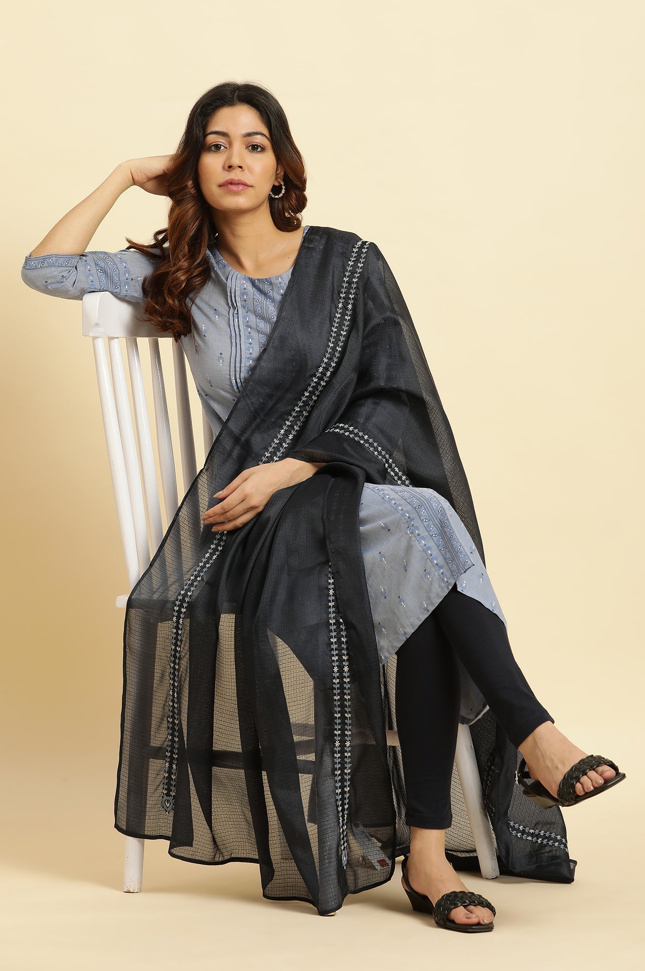 W for Woman Blue Kota Embroidered Dupatta