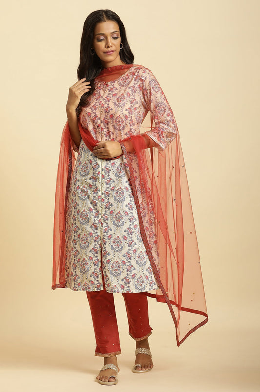 W for Woman Rust Red Net Dupatta With Glitter Tape Border