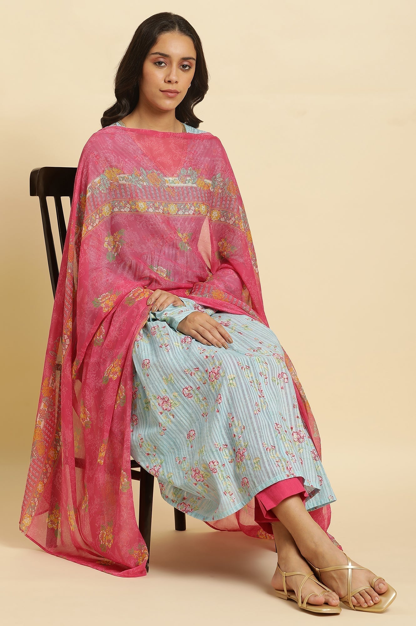 W for Woman Pink Floral Printed Chiffon Dupatta