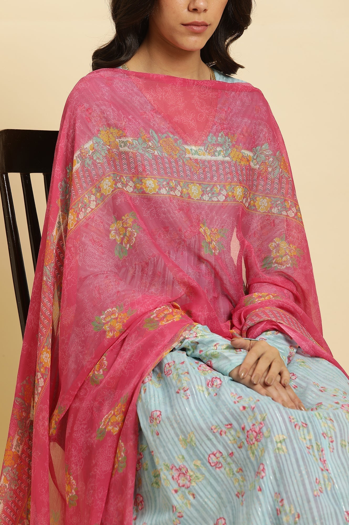 W for Woman Pink Floral Printed Chiffon Dupatta