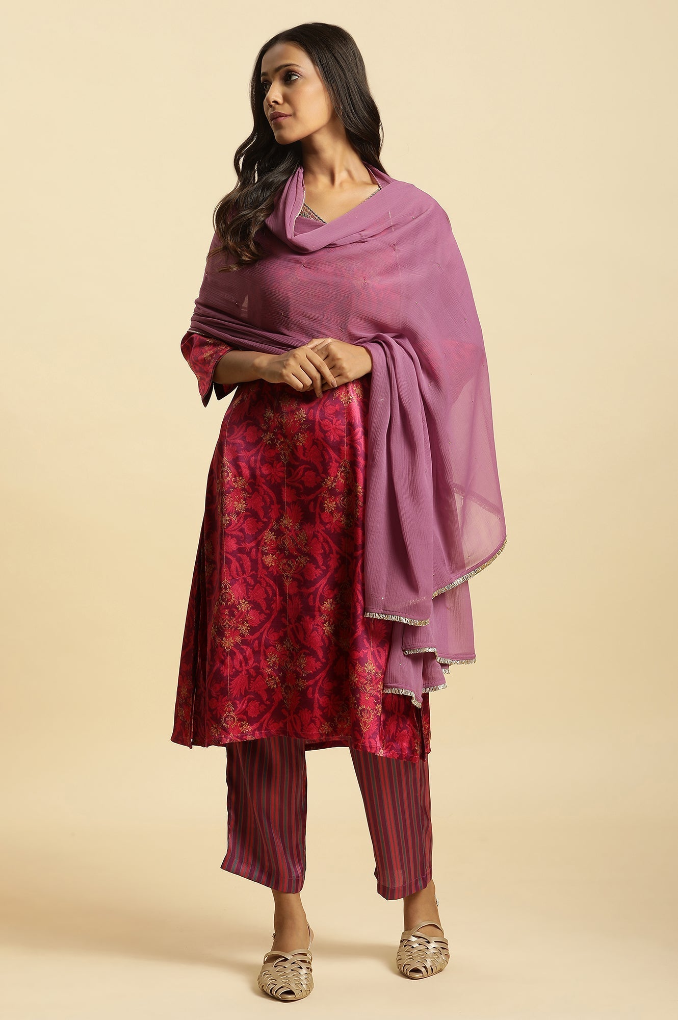 W for Woman Purple Chiffon Dupatta with Gota Border